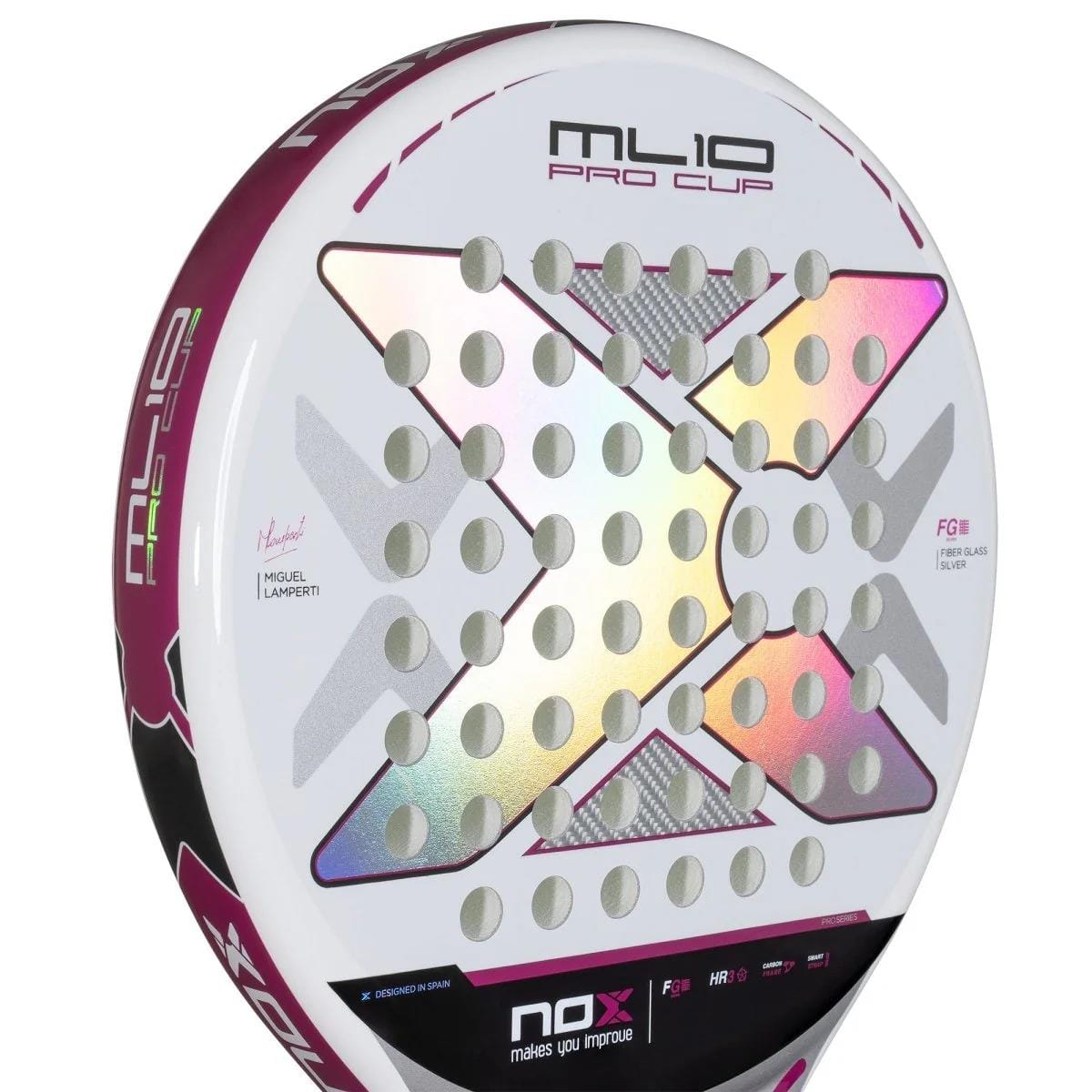 Close-up of the NOX ML10 Pro Cup Silver By Miguel Lamperti 2025 Padel Racket, showing a white surface with iridescent accents, carbon structure, circular holes, bold NOX branding, and Miguel Lamperti's signature on the face.