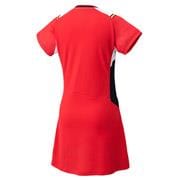 The Yonex 20686 Women's Dress in Ruby Red is a chic sports dress with short sleeves and stylish black and white detailing along the sides, designed for optimal comfort during play with its VERY COOL TECHNOLOGY. It is elegantly showcased from the back.