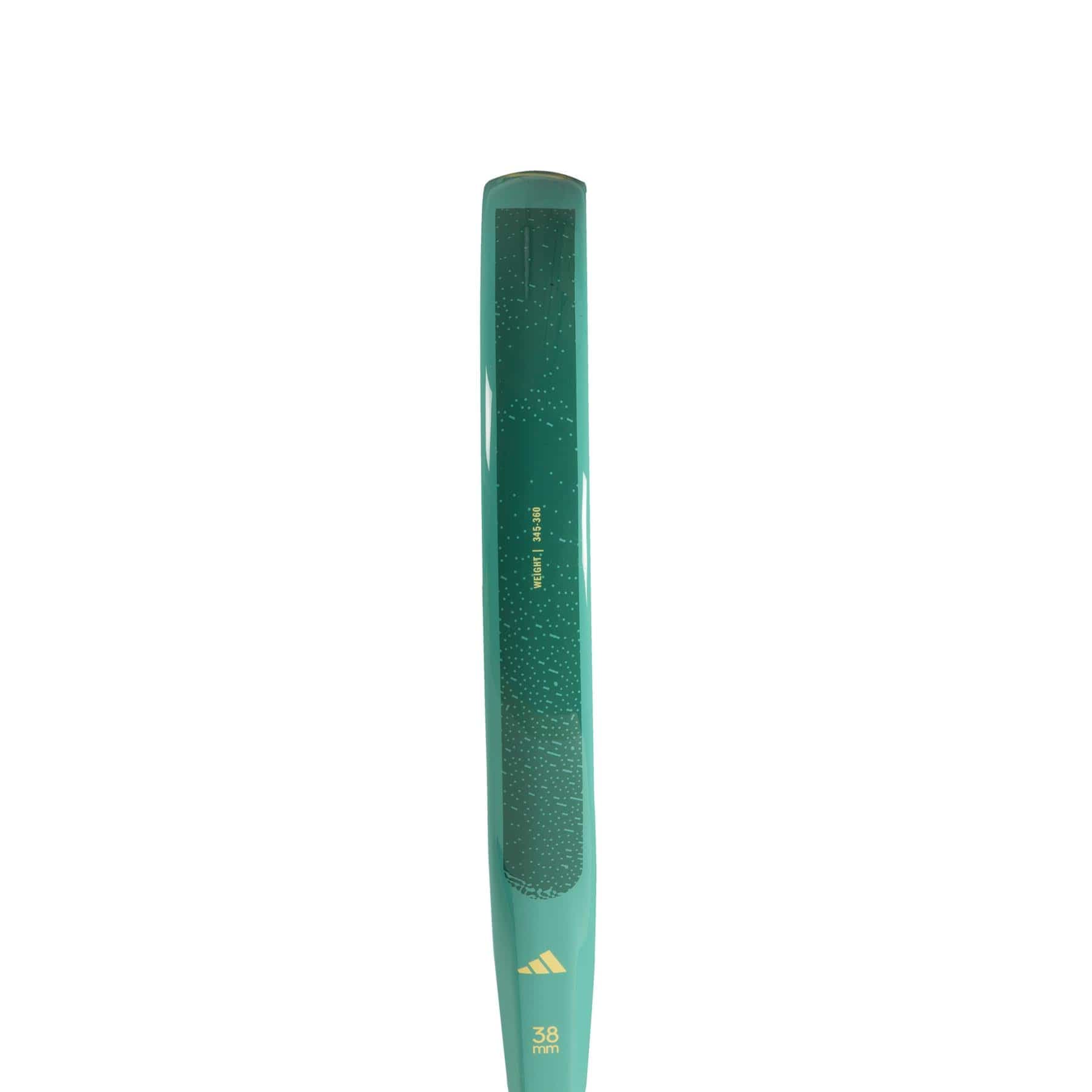 A green field hockey stick features a textured grip, a white logo near the bottom, and "38 mm" printed in yellow with small dotted patterns, reminiscent of the ADIDAS Drive Light 3.4 Padel Racket in Powder Teal. The background is plain white.