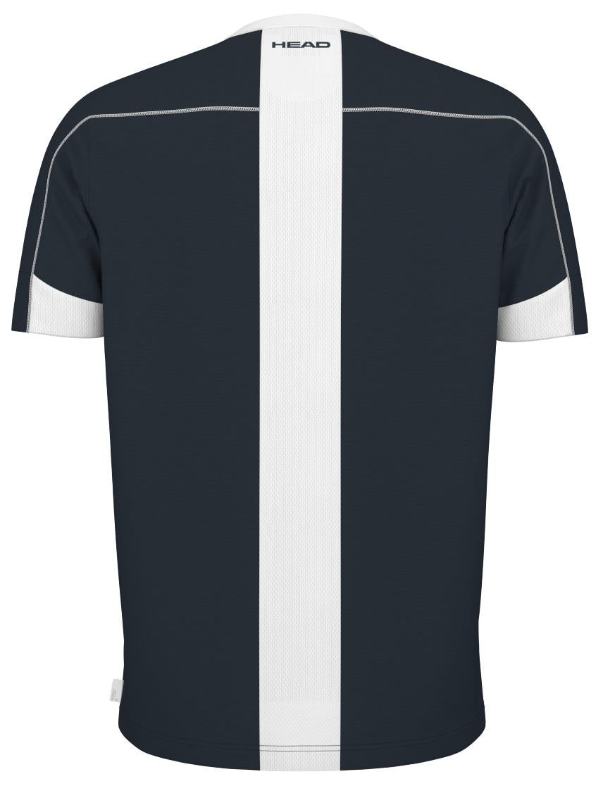 The back view of the sporty navy HEAD Play Tech Mens Padel T-Shirt shows a vertical white stripe, short sleeves, and the HEAD logo on the neckline. It's enhanced with Moisture Transfer Microfiber technology for ultimate comfort.