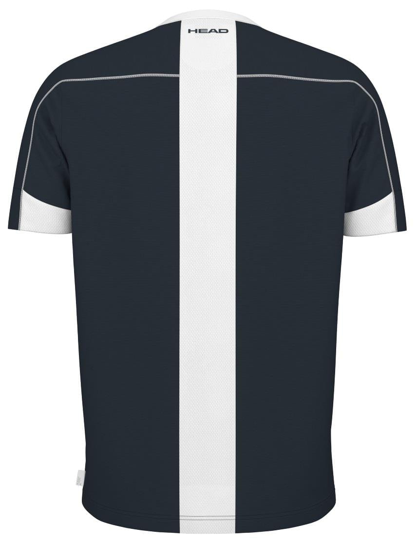 The back view of the sporty navy HEAD Play Tech Mens Padel T-Shirt shows a vertical white stripe, short sleeves, and the HEAD logo on the neckline. It's enhanced with Moisture Transfer Microfiber technology for ultimate comfort.