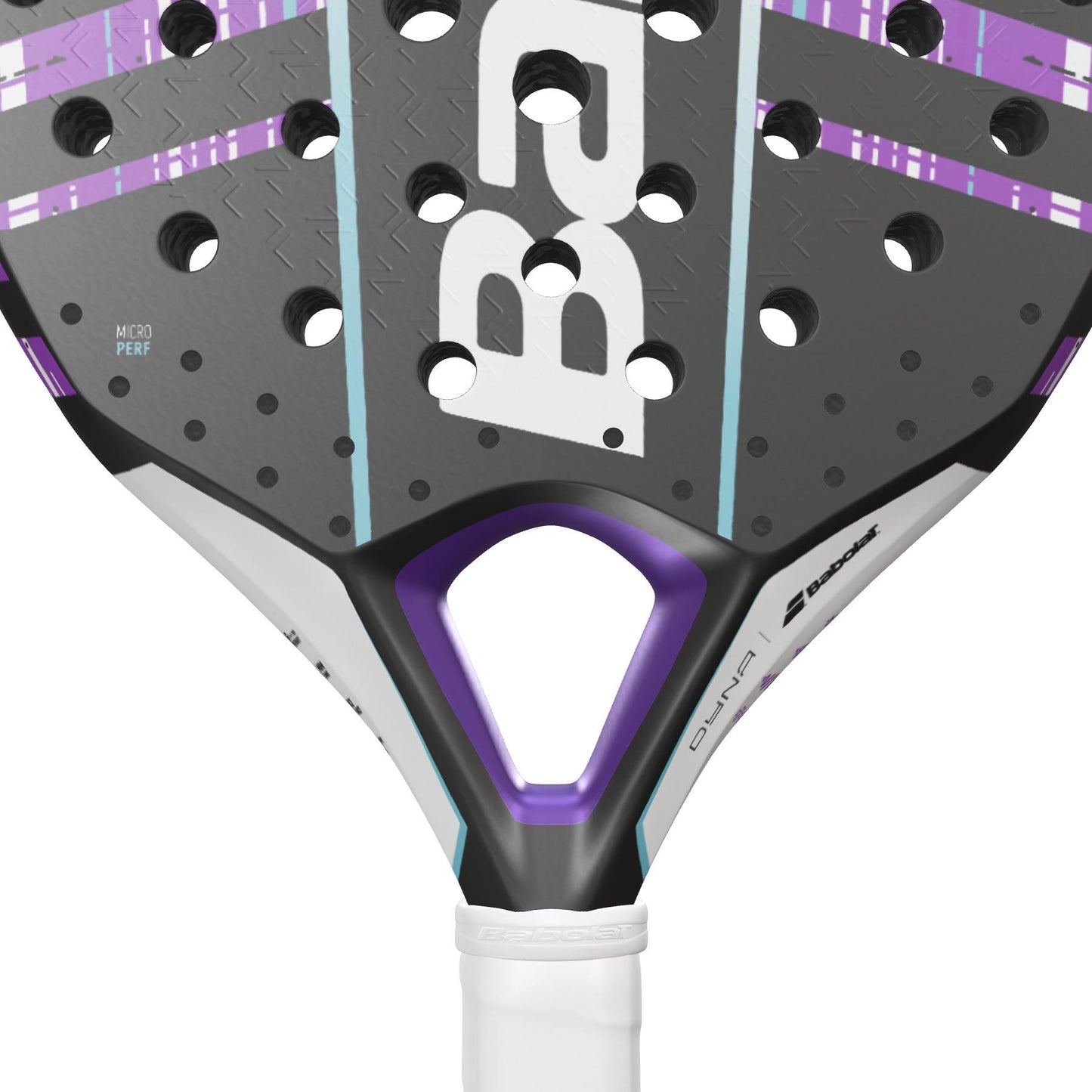 A close-up of the Babolat Dyna Spirit Padel Racket in black and purple, showcasing its distinctive teardrop headshape. The racket features multiple holes, a logo on the surface, and a striking purple triangular design near the white handle for enhanced 3D Spin during play.