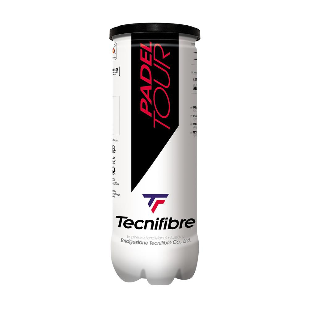 The Tecnifibre Padel Tour 3 Ball Tube features a sleek white cylindrical design with bold black and red accents. "Padel Tour" and "Tecnifibre" are prominently displayed, ideal for enthusiasts seeking top-quality gear.