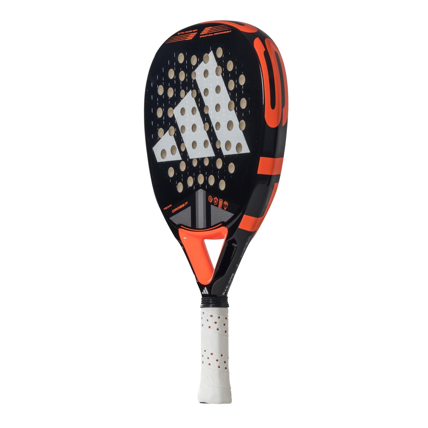 The ADIDAS Cross It Team 3.4 Padel Racket by adidas features a modern black and orange fibreglass design with a large white logo, circular holes for dynamic airflow, and a white grip with red accents.