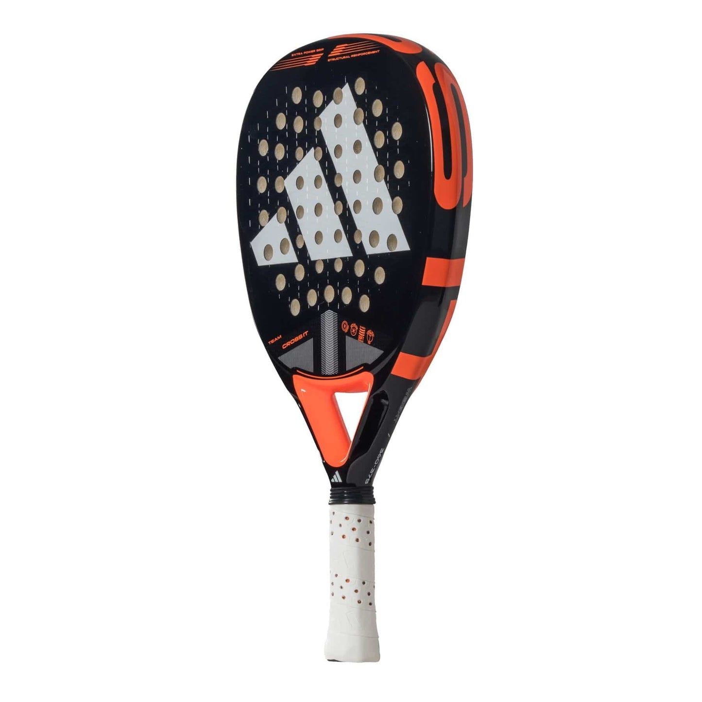 The ADIDAS Cross It Team 3.4 Padel Racket by adidas features a modern black and orange fibreglass design with a large white logo, circular holes for dynamic airflow, and a white grip with red accents.