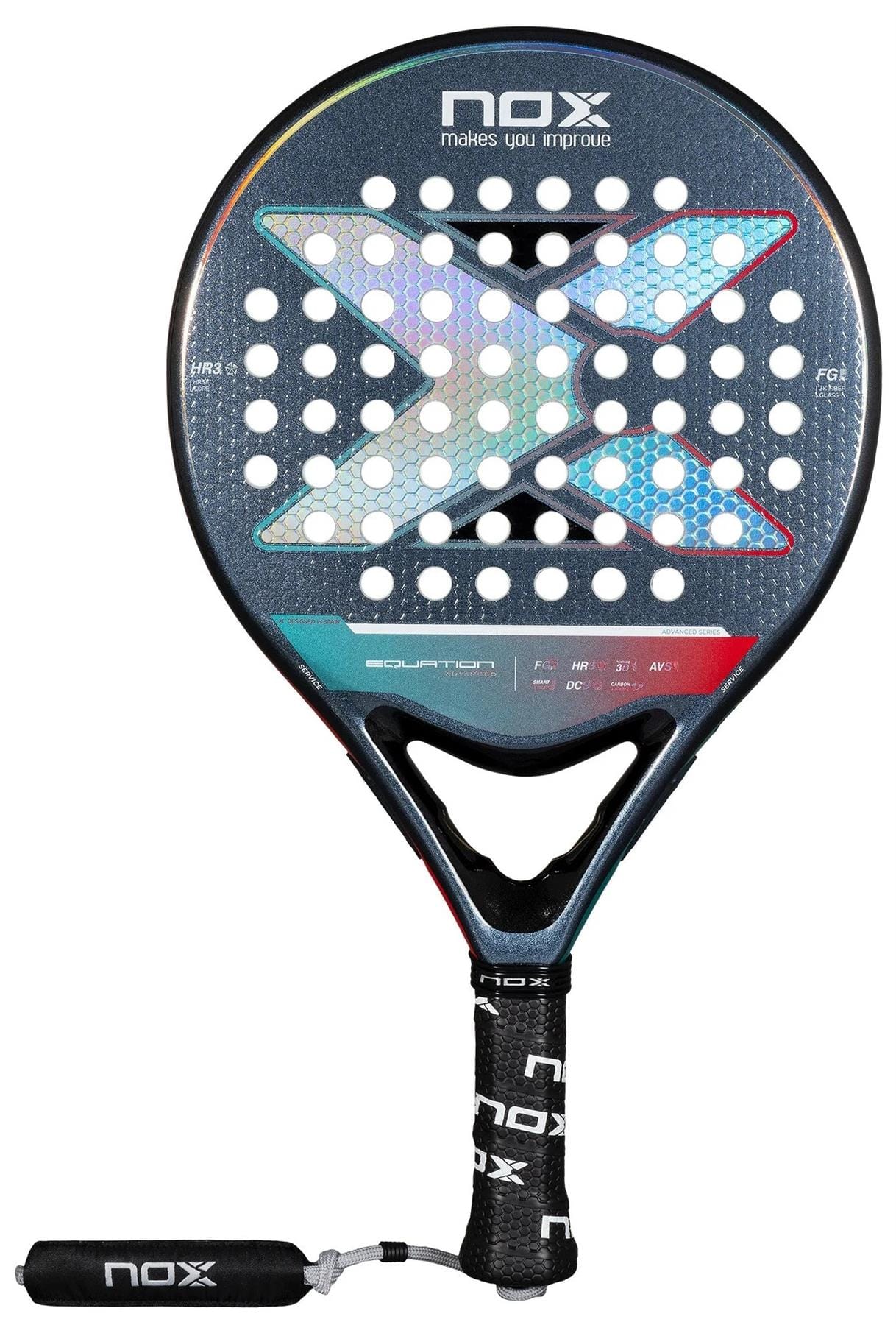 The NOX Equation Light W Advance Series Padel Racket by NOX features a large X logo, circular holes, and a black grip with "NOX" printed on it. Its sleek blue/red design is perfect for intermediate players.