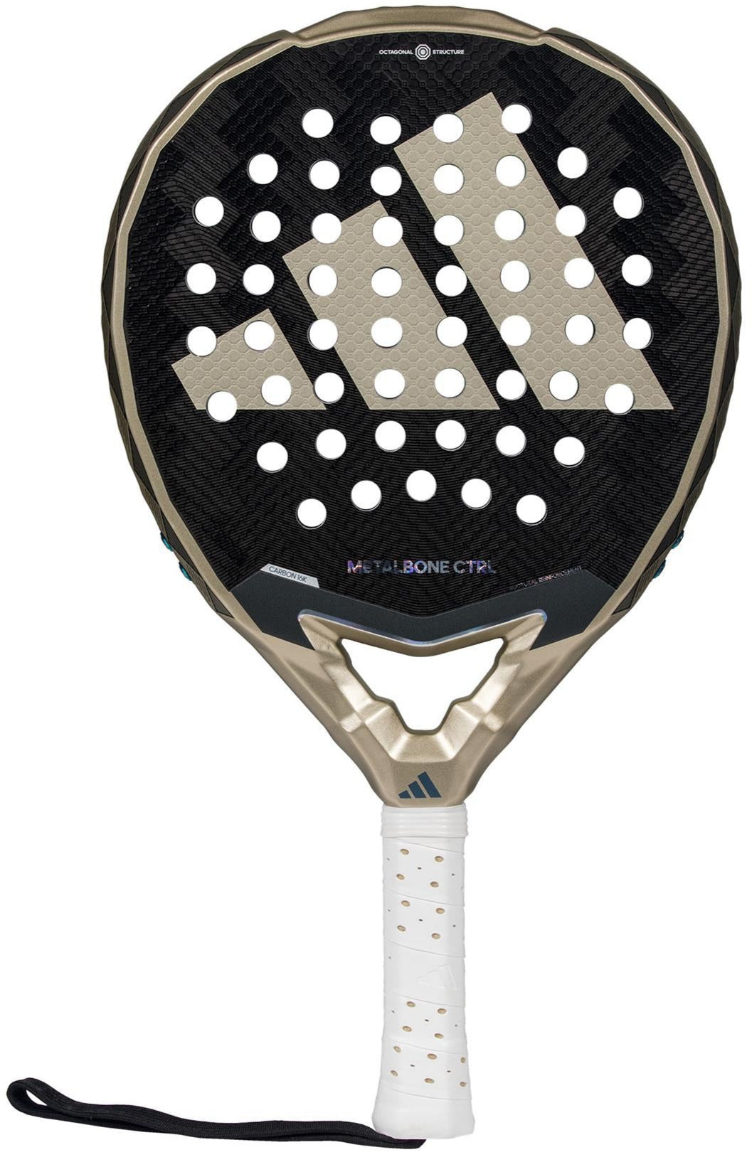 The ADIDAS Metalbone CTRL 3.4 Padel Racket by adidas, in black and beige with gold accents, showcases an Octagonal Structure with a perforated face and geometric logo. Its white handle includes a black wrist strap, and it features an advanced Weight and Balance System for sports enthusiasts.