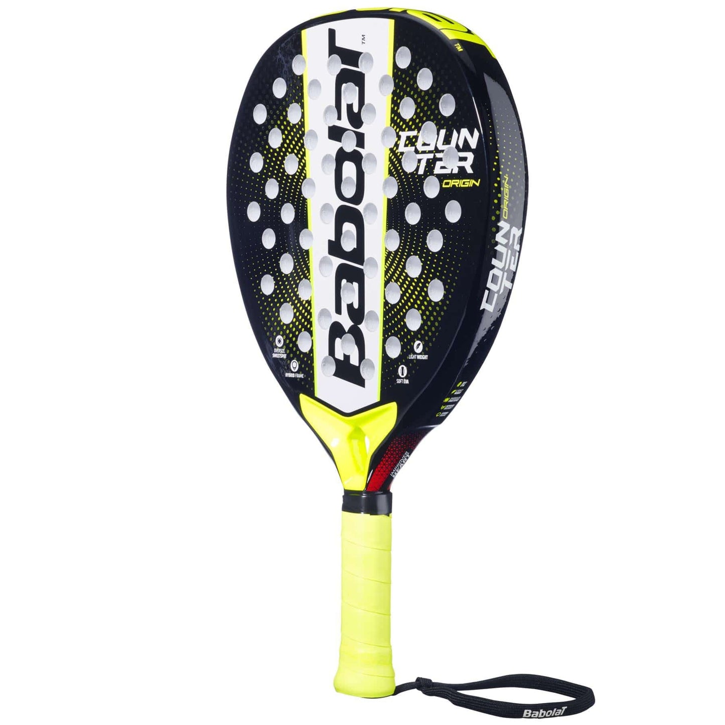 The Babolat Counter Origin Padel Racket by Babolat features a black and yellow design, perforated oval head, yellow handle with wrist strap, and bold central branding—ideal for control-focused padel play.