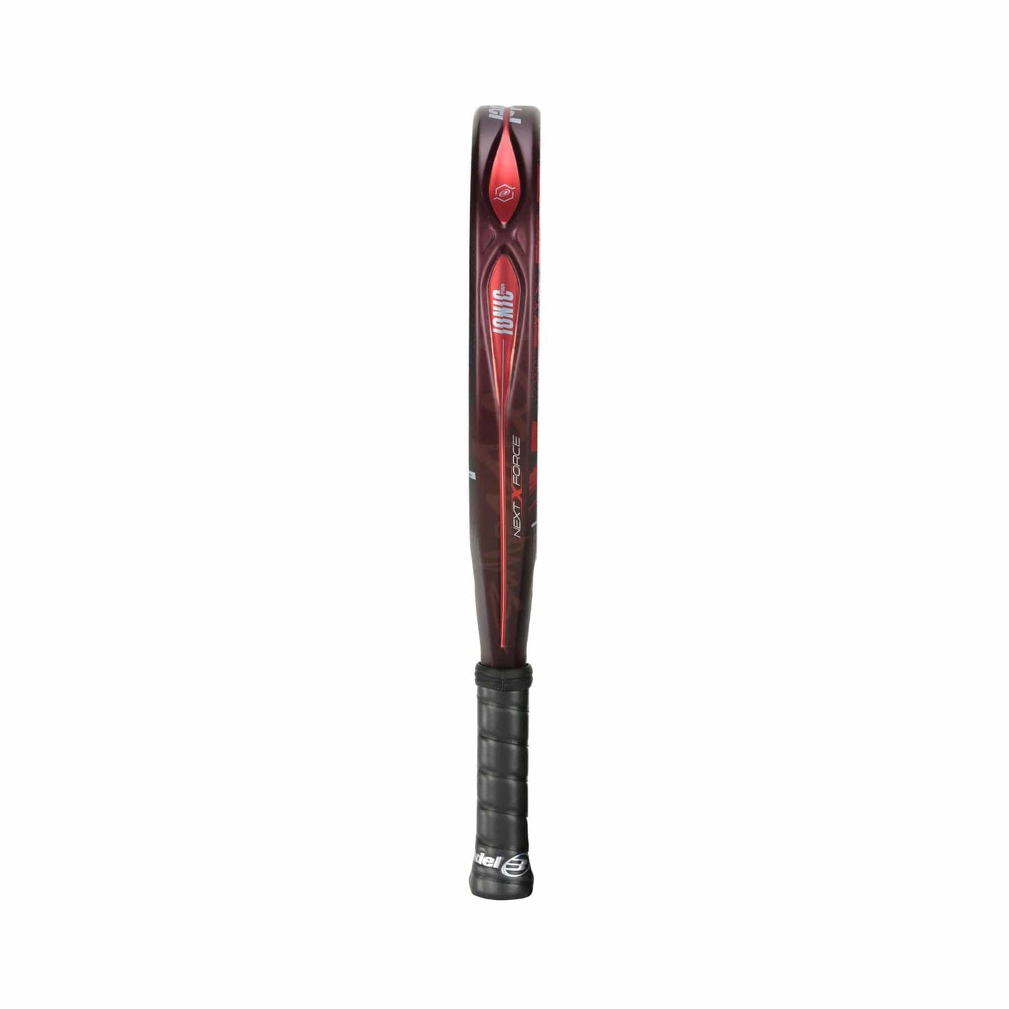 A red Bullpadel Ionic Power 2024 padel racket is standing vertically, featuring a sleek design reminiscent of a maroon baseball bat with a black grip handle. The brand logo and model details are clearly visible on its surface.