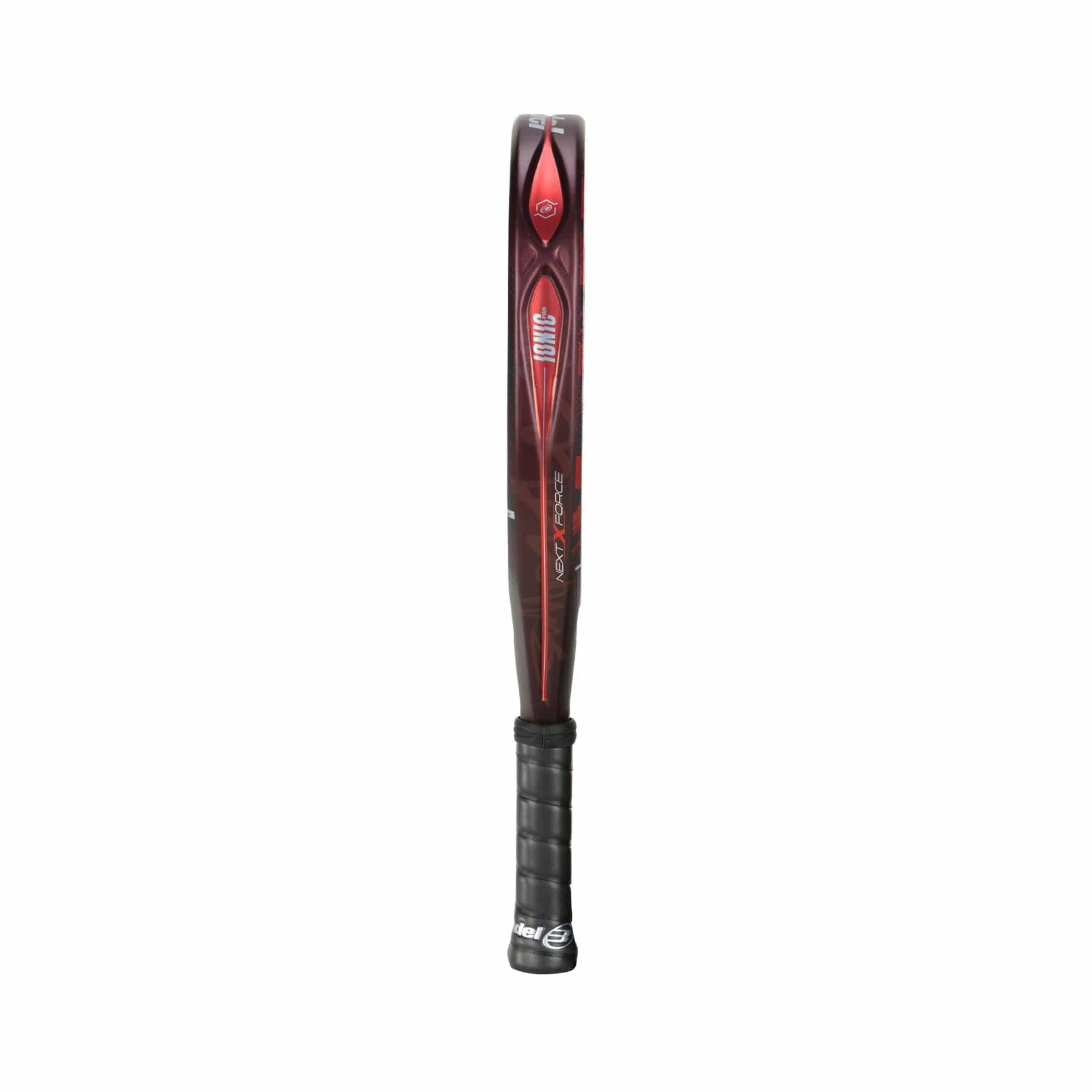 A red Bullpadel Ionic Power 2024 padel racket is standing vertically, featuring a sleek design reminiscent of a maroon baseball bat with a black grip handle. The brand logo and model details are clearly visible on its surface.