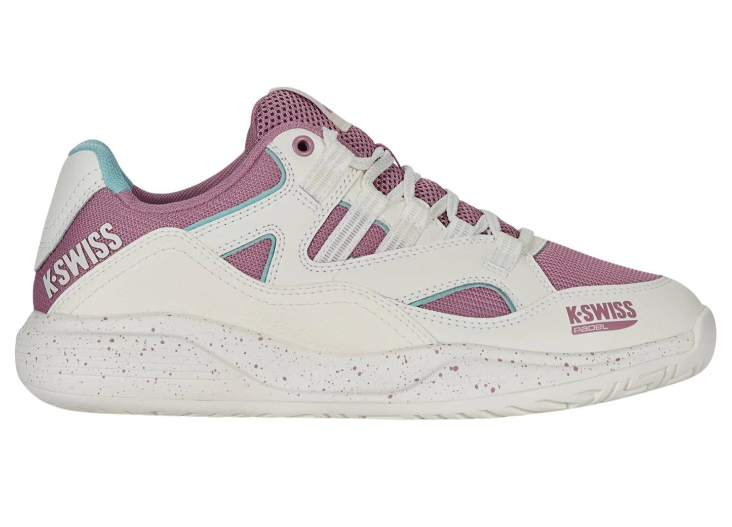 A side view of the K-Swiss Tura Team Women's Padel Shoes in white, pink, and turquoise highlights its court grip. The shoe has a white sole with pink speckles and turquoise accents. With midsole cushioning, the K-Swiss logo is visible on both the heel and side.