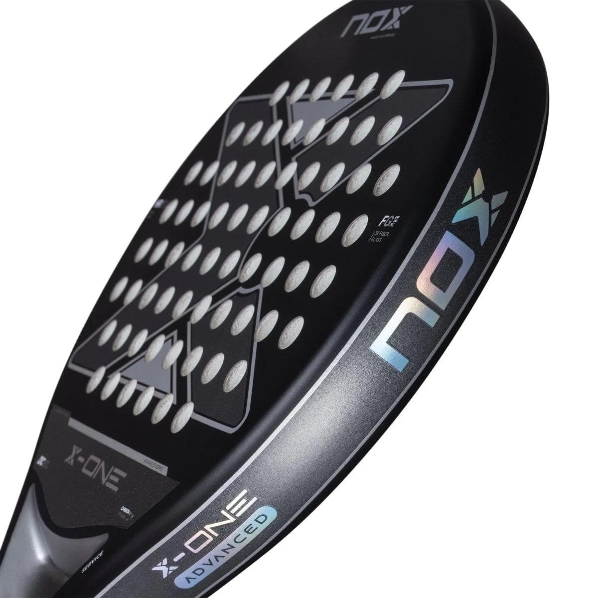 Close-up of the NOX X-One Advance Series Padel Racket in black, featuring a large X design, perforated surface, colorful NOX branding on the side, and an HR3 rubber core for enhanced performance.