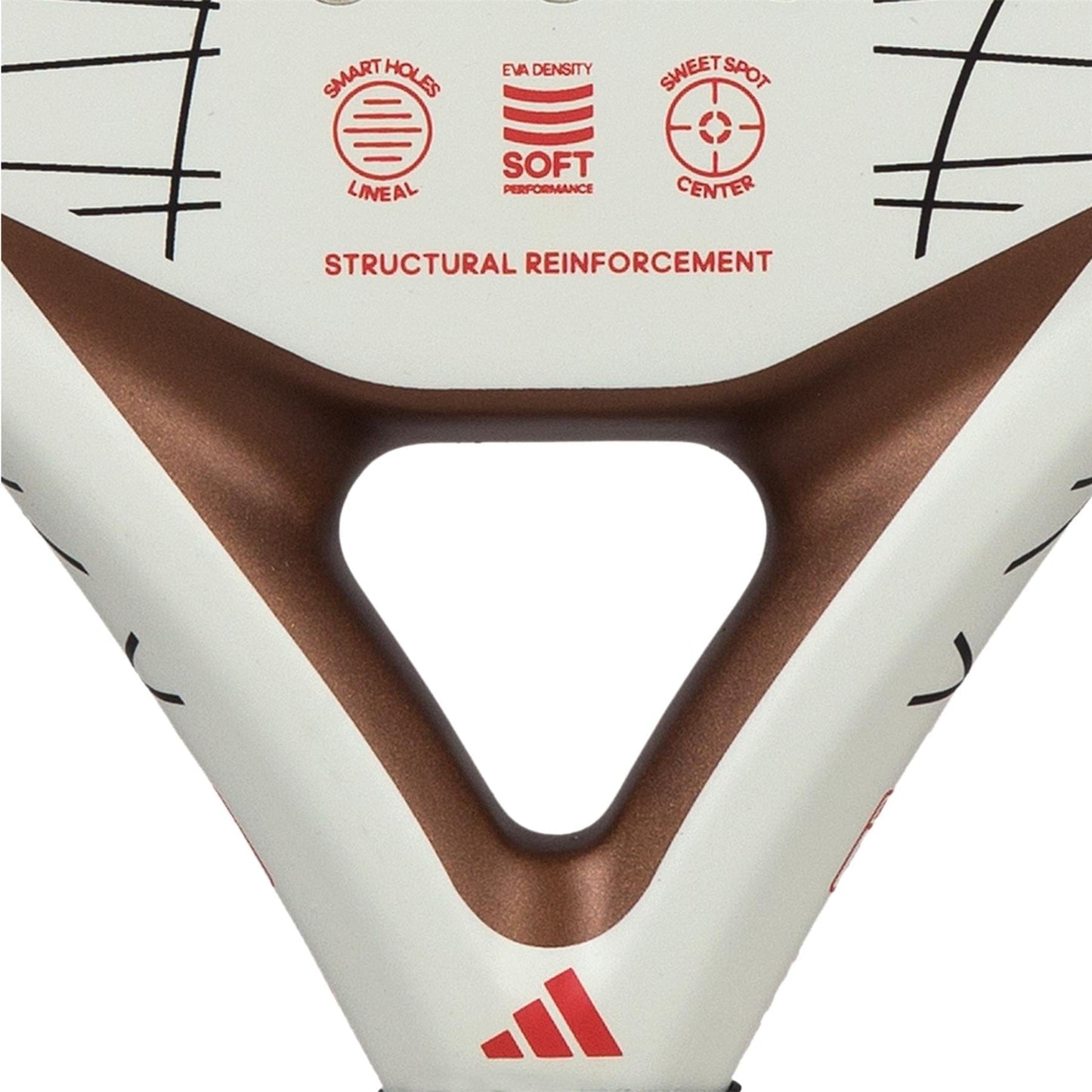 Close-up of the adidas Drive 3.3 Padel Racket - Vintage's throat area, showcasing branding and technical specifications such as "EVA Density," "Soft Performance," and "Control and Comfort." Designed for beginners, this racket combines stylish white and bronze hues with a focus on optimal performance.