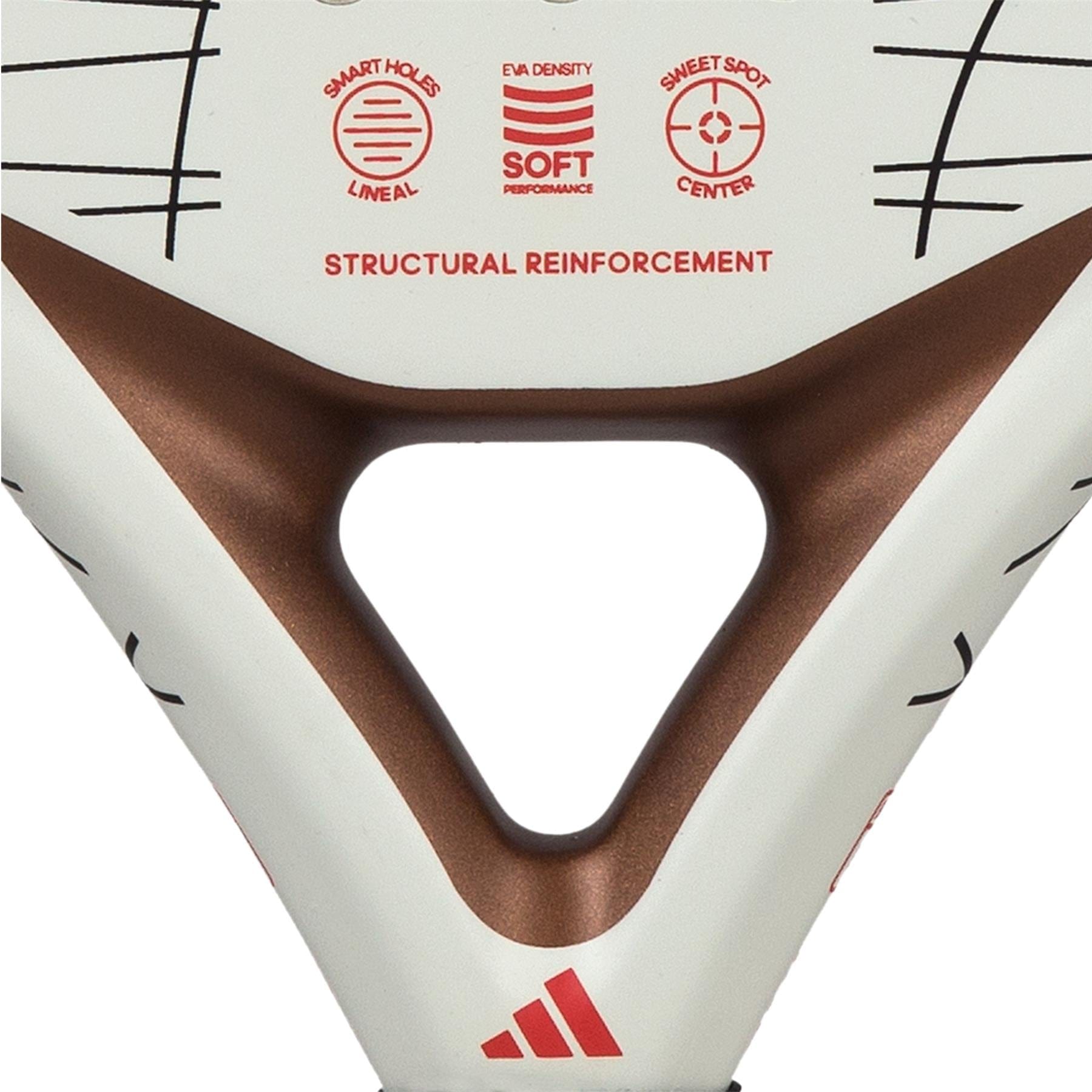 Close-up of the adidas Drive 3.3 Padel Racket - Vintage's throat area, showcasing branding and technical specifications such as "EVA Density," "Soft Performance," and "Control and Comfort." Designed for beginners, this racket combines stylish white and bronze hues with a focus on optimal performance.