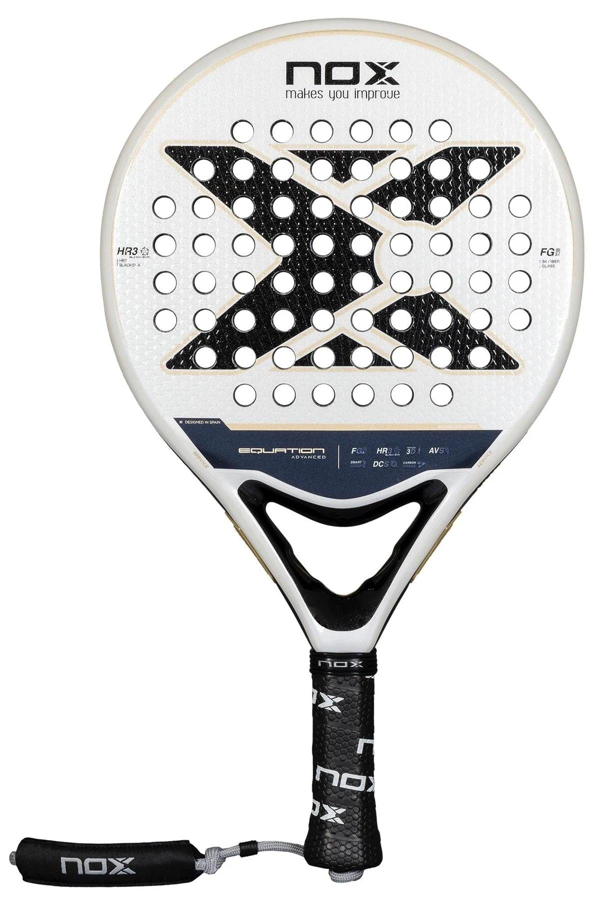 The NOX Equation Advance Series Padel Racket in white/black features a bold “X” design, round head, perforations, and a black grip. Ideal for intermediate players, it offers an anti-vibration system for comfort and precision.
