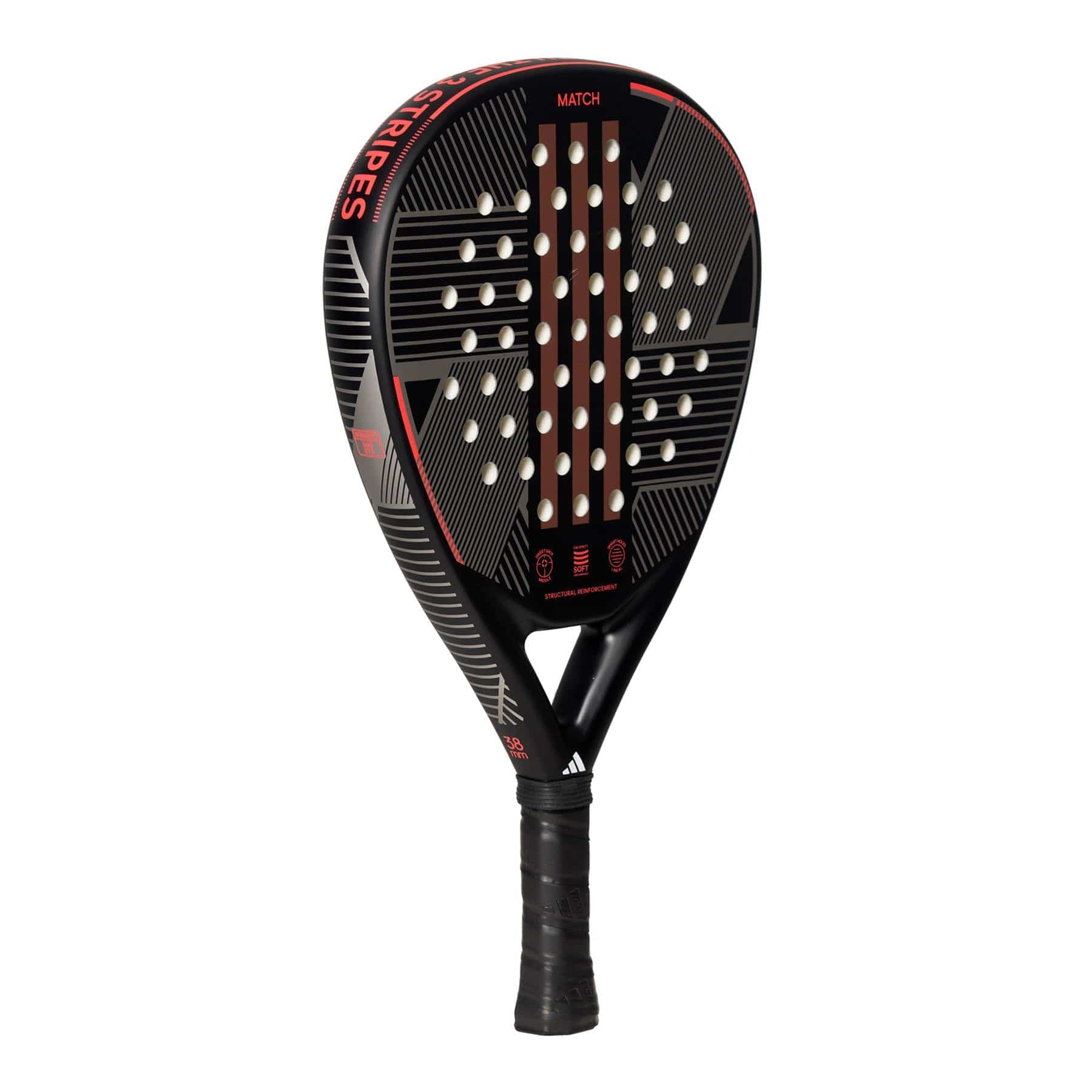 The ADIDAS Match 3.3 Padel Racket in black and red, perfect for beginners, stands upright with a perforated face. The adidas brand name is prominently displayed near the top, while the handle is wrapped in black grip tape. Its design showcases geometric patterns and subtle text, crafted from durable fiberglass to enhance playability.