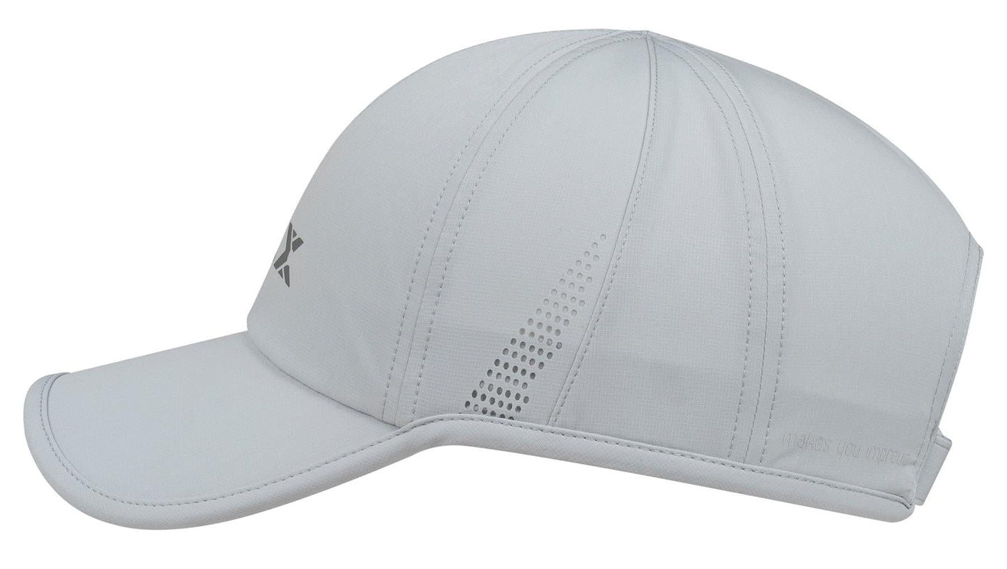 The NOX Padel Cap - Grey by NOX features a lightweight, breathable design with subtle perforations, a curved brim, stitched panels, side geometric logo, and an adjustable velcro strap for a secure fit.