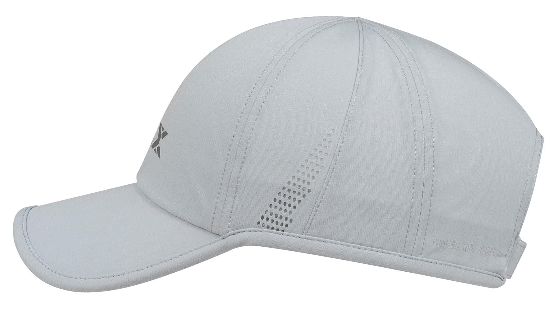 The NOX Padel Cap - Grey by NOX features a lightweight, breathable design with subtle perforations, a curved brim, stitched panels, side geometric logo, and an adjustable velcro strap for a secure fit.