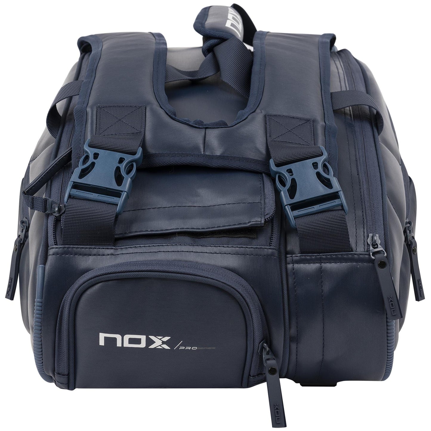The NOX Pro Series Padel Racket Bag - Blue features black zippers, padded shoulder straps, a front pocket with a white NOX logo, and ThermoTech technology for secure storage of athletic gear or padel rackets.