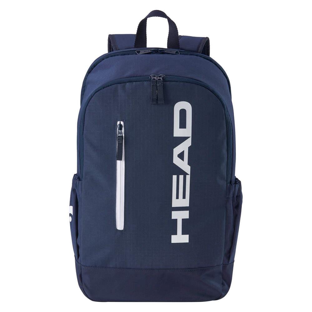The HEAD BASE Padel Backpack 17L - Navy features a new design with a white vertical zipper pocket, bold front “HEAD” print, side pockets, racket compartment, and a top handle.