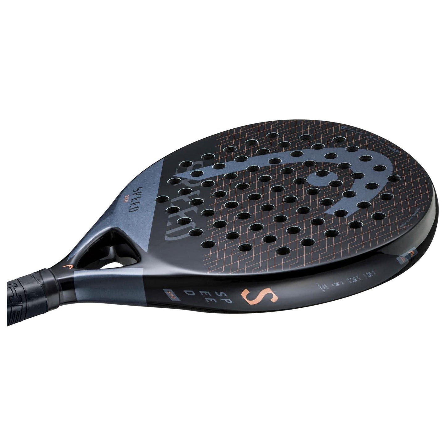 Close-up of the HEAD Evo Speed 2023 Padel Racket - Black, featuring a perforated surface and sleek design with a prominent HEAD logo in black and orange. The handle offers a textured grip, while its Innegra technology provides a sturdy yet beginner-friendly frame.