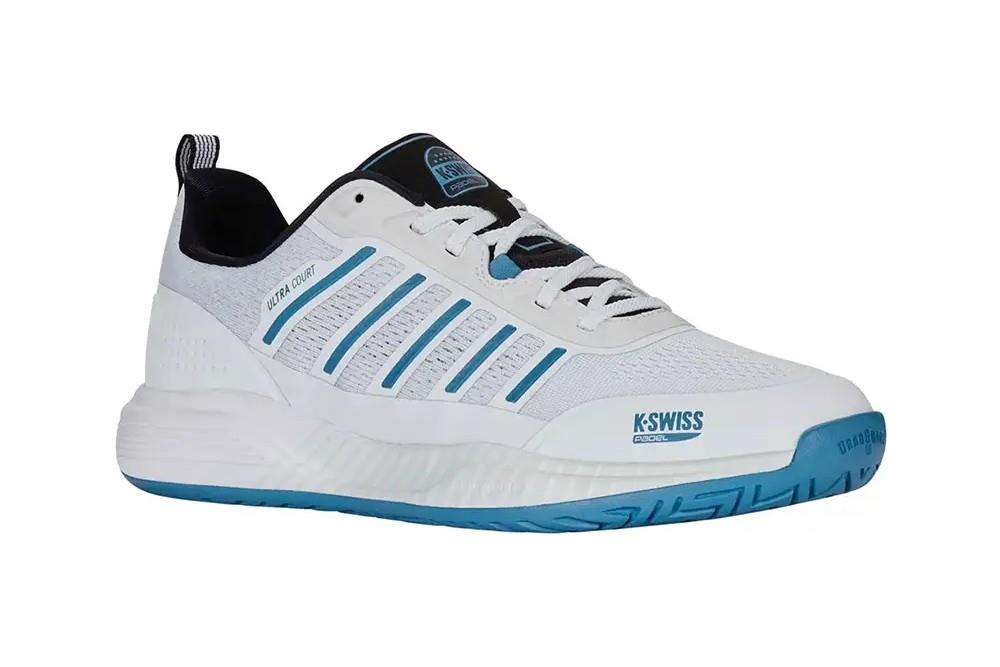 The K-Swiss Ultra Court Men's Padel Shoes in White/Black/Blue Moon feature a textured sole, five blue stripes, and a heel pull tab. They have a breathable upper for comfort and drag protection, with detailed design elements showcasing the K-Swiss brand prominently.