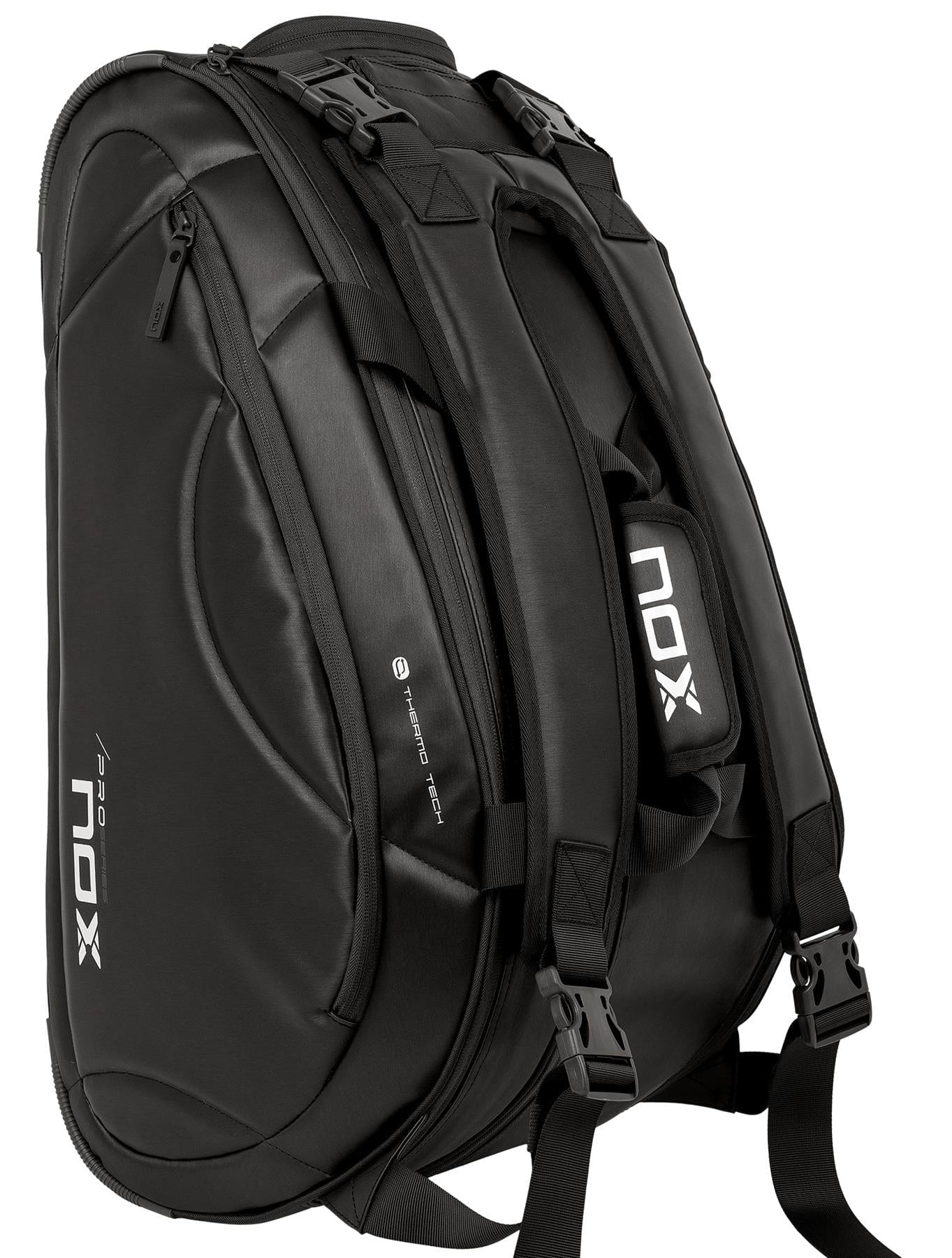 The NOX Pro Series Padel Racket Bag in black offers spacious storage, multiple compartments, and adjustable padded straps—perfect for carrying your sports equipment and gear.