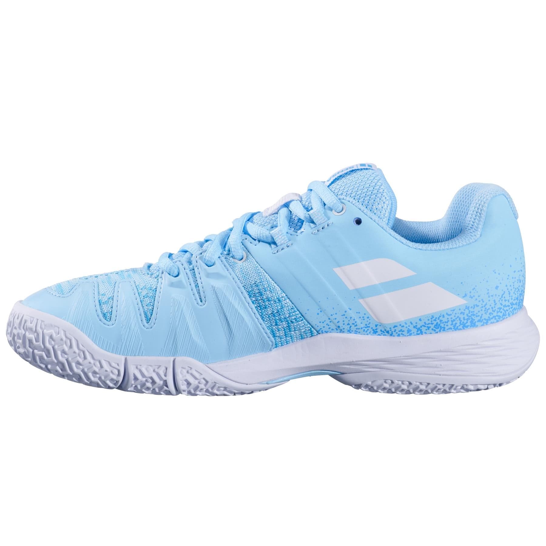 The Babolat Sensa Womens Padel Shoes in Sky Blue/Tigerlily feature white laces, a textured Michelin outsole for grip, lightweight design, and a white Babolat logo—perfect for sports or active wear.