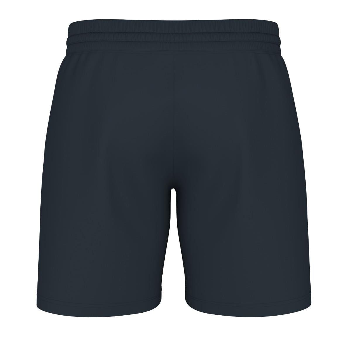 The HEAD Performance Men's Play Padel Shorts - Navy are designed in a plain dark blue and come with an elastic waistband. They incorporate advanced Moisture Transfer Microfiber technology to ensure superior comfort and performance, highlighted by their 4-way stretch fabric against a sharp white backdrop.