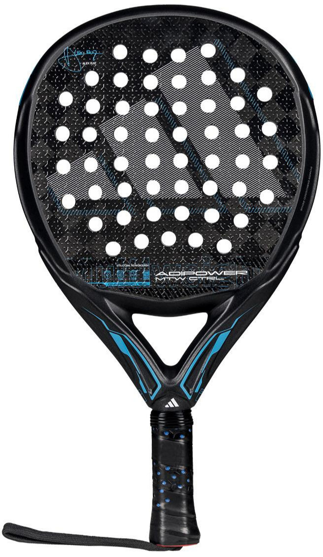 The adidas ADIDAS Adipower Multiweight CTRL 3.4 Padel Racket in black and blue, endorsed by Álex Ruiz, features a textured surface with circular perforations. The handle includes grip tape and a wrist strap, while the brand logo and design elements enhance its professional appearance.