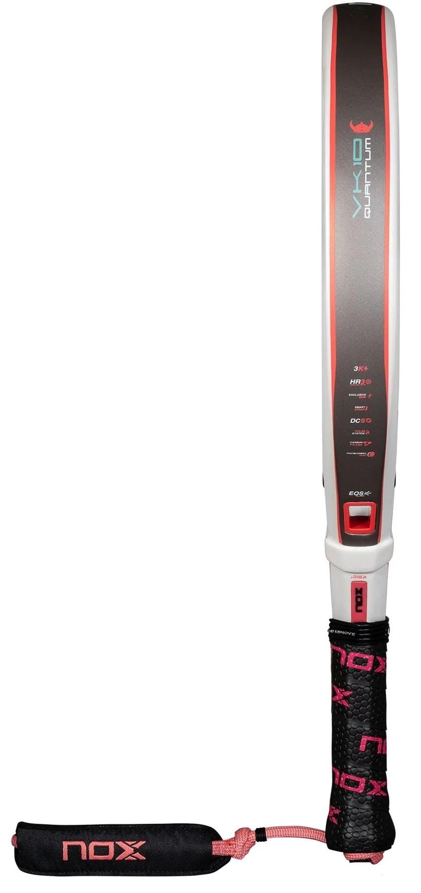 The NOX Luxury VK10 Quantum 3K By Aranzazu Osoro 2025 padel racket features a black and white design with pink accents, Photochromic Paint, a black grip with pink "NOX" logo, matching wrist strap, and TECHNOLOGY EOS Flap.