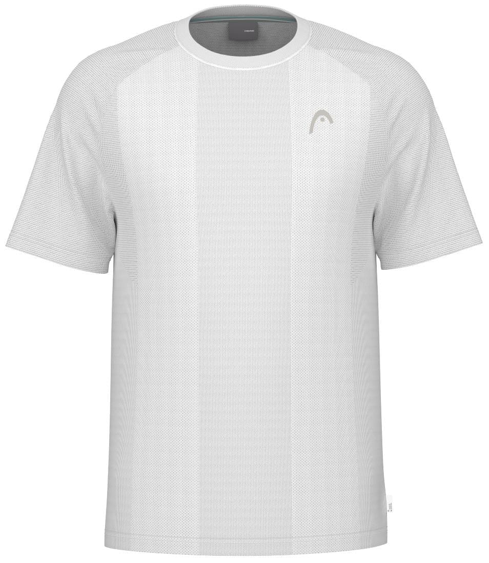 Front view of the HEAD Performance Men's Padel T-Shirt in white, a short-sleeved athletic top with subtle horizontal texture, body-mapping for enhanced fit, and a small logo on the upper left chest.