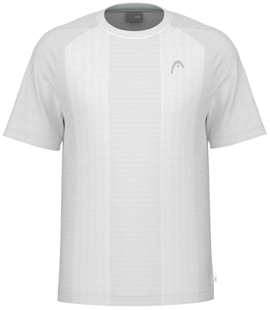 Front view of the HEAD Performance Men's Padel T-Shirt in white, a short-sleeved athletic top with subtle horizontal texture, body-mapping for enhanced fit, and a small logo on the upper left chest.