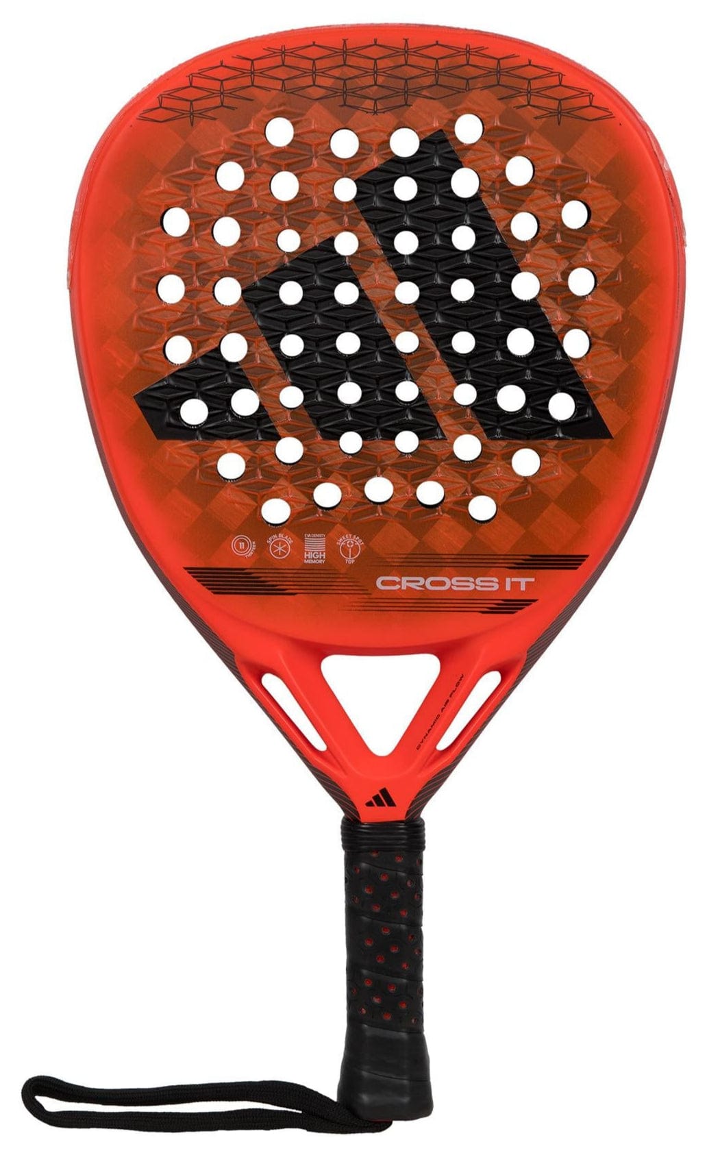 The ADIDAS Cross It Padel Racket - Red, from adidas, features an eye-catching red and black design with the innovative Spin Blade Mold that boosts power and spin. Its stylish textured pattern includes multiple holes, complemented by a prominent black logo on the face. For secure play, the handle is fitted with a black grip and wrist strap.