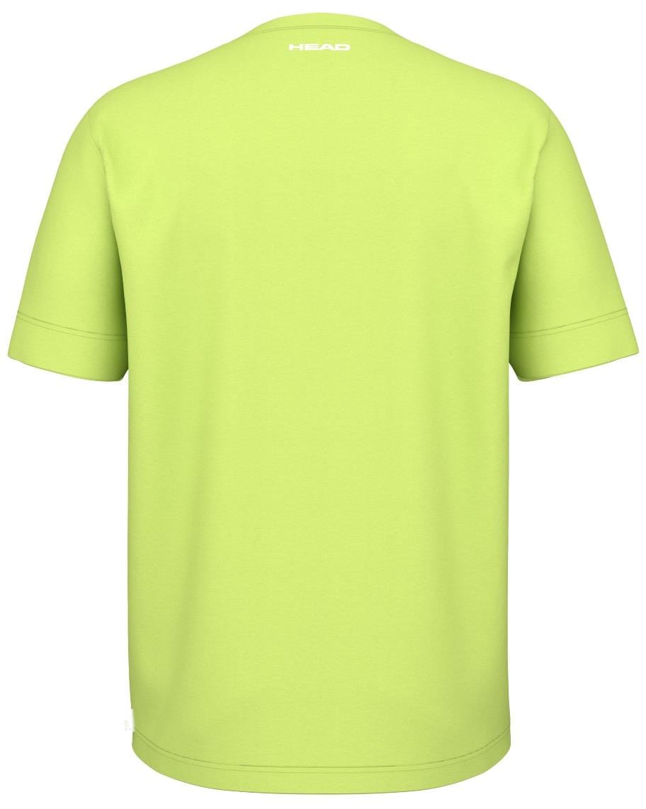 The image shows the lime green back of a HEAD Slice II Men's Padel T-Shirt - LL, featuring 100% polyester interlock fabric with short sleeves. It displays "HEAD" in white near the neckline and uses Moisture Transfer Microfiber technology for a smooth and slightly reflective finish.