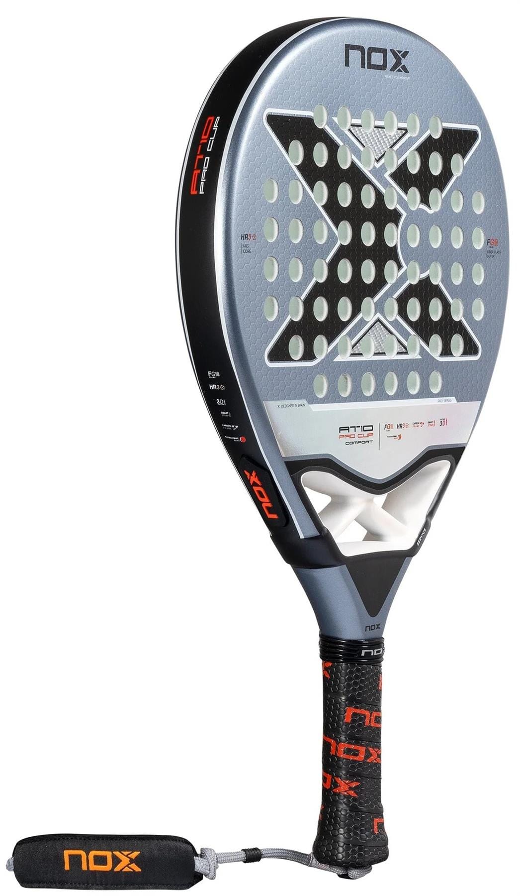 The NOX AT10 Pro Cup Comfort By Agustin Tapia 2025 Padel Racket features a gray and black design, large X-shape on the face, circular holes, and an orange NOX-branded Smartstrap® wrist strap attached to the handle.
