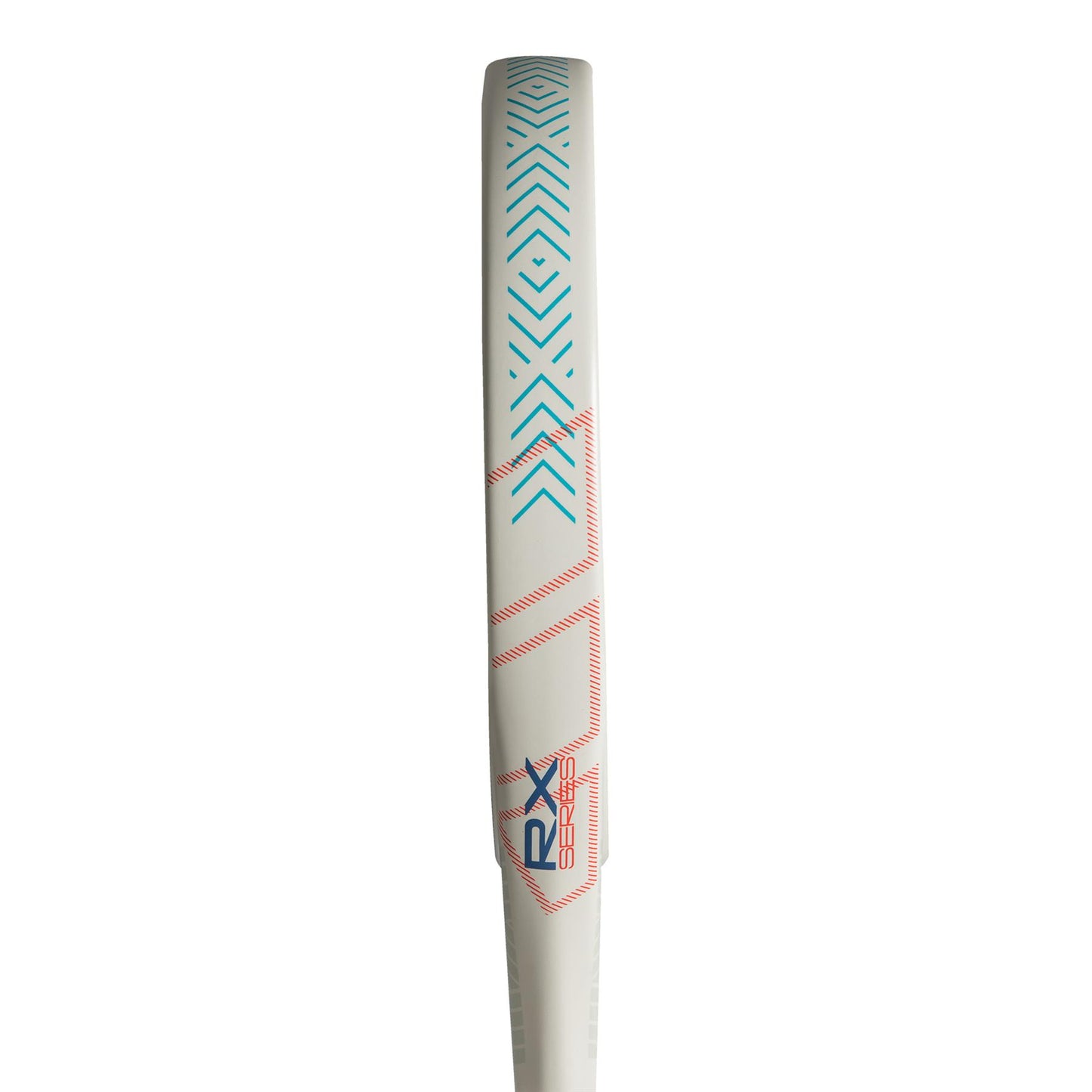 A close-up of the lightweight ADIDAS RX Series Light 3.4 Padel Racket, ideal for intermediate players, showcases its pink geometric design and "ADIDAS RX SERIES" text, offering style and performance on the court.