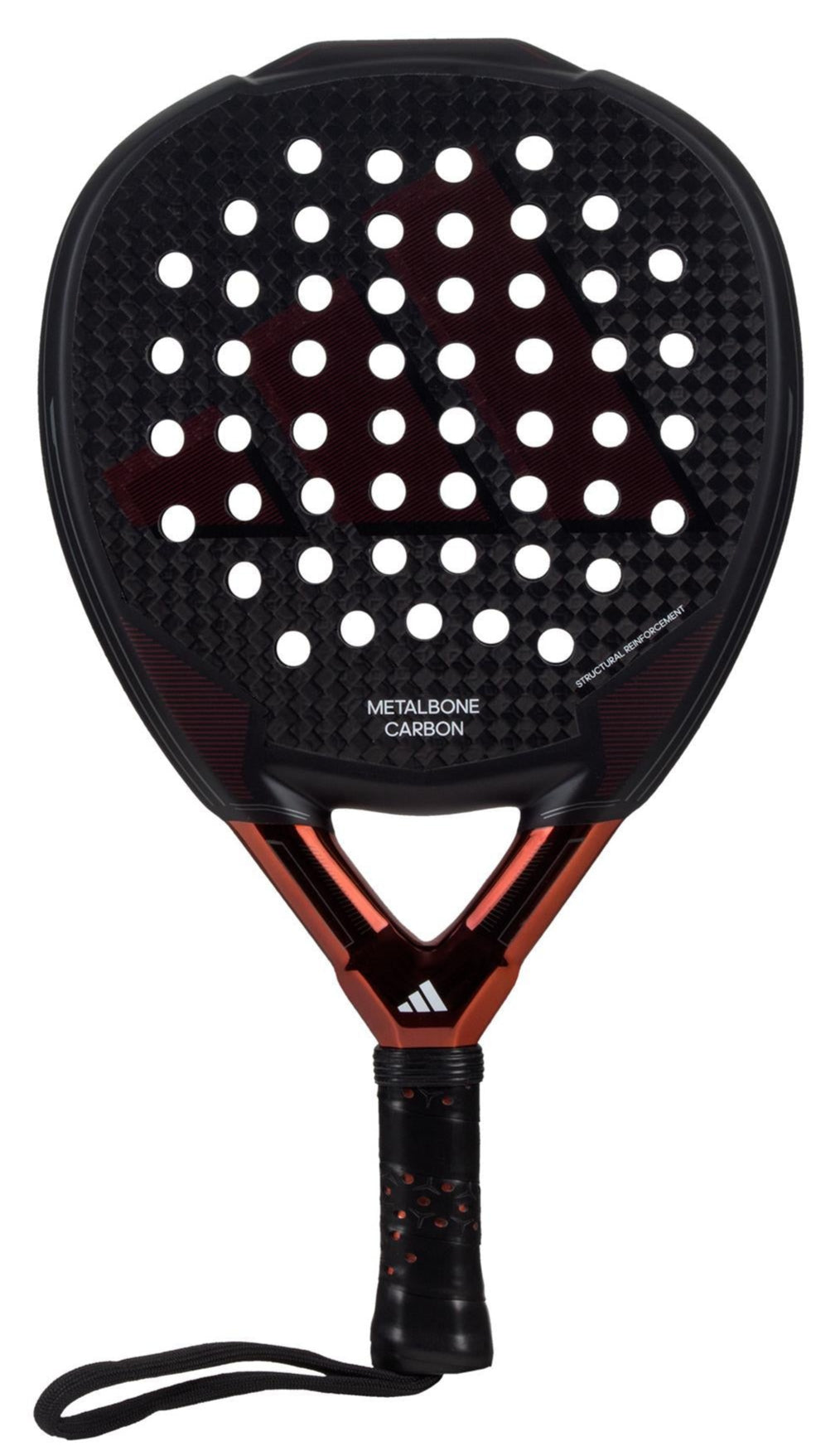 Introducing the stylish ADIDAS Metalbone Carbon 3.3 padel racket in black and copper, featuring a perforated surface for improved aerodynamics. The handle provides a secure grip with its wrist strap, while the design boasts a dot pattern and durable 6K carbon fiber texture for optimal performance.