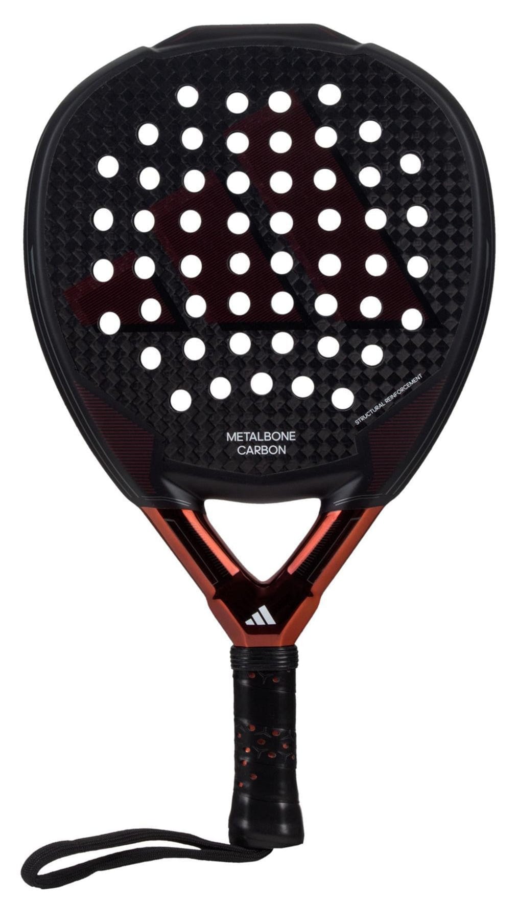 Introducing the stylish ADIDAS Metalbone Carbon 3.3 padel racket in black and copper, featuring a perforated surface for improved aerodynamics. The handle provides a secure grip with its wrist strap, while the design boasts a dot pattern and durable 6K carbon fiber texture for optimal performance.