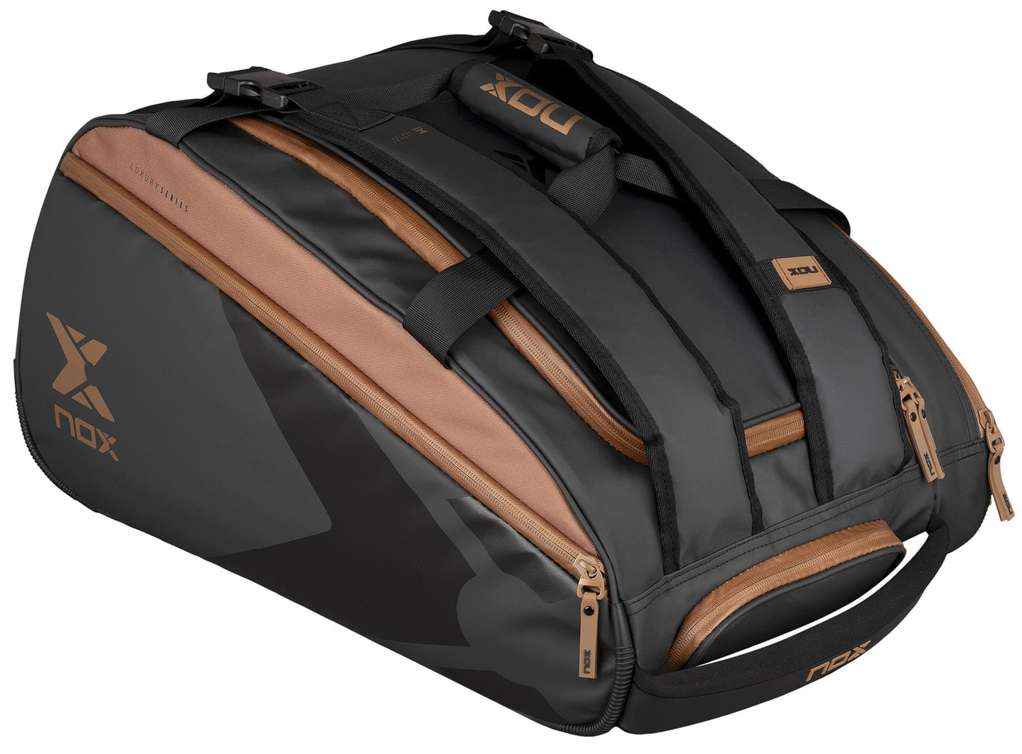 The NOX Luxury Open Series Padel Racket Bag in black/brown features multiple compartments, zipper closures, backpack straps, a side handle for easy carry, and advanced NOX ThermoTech to protect your gear.