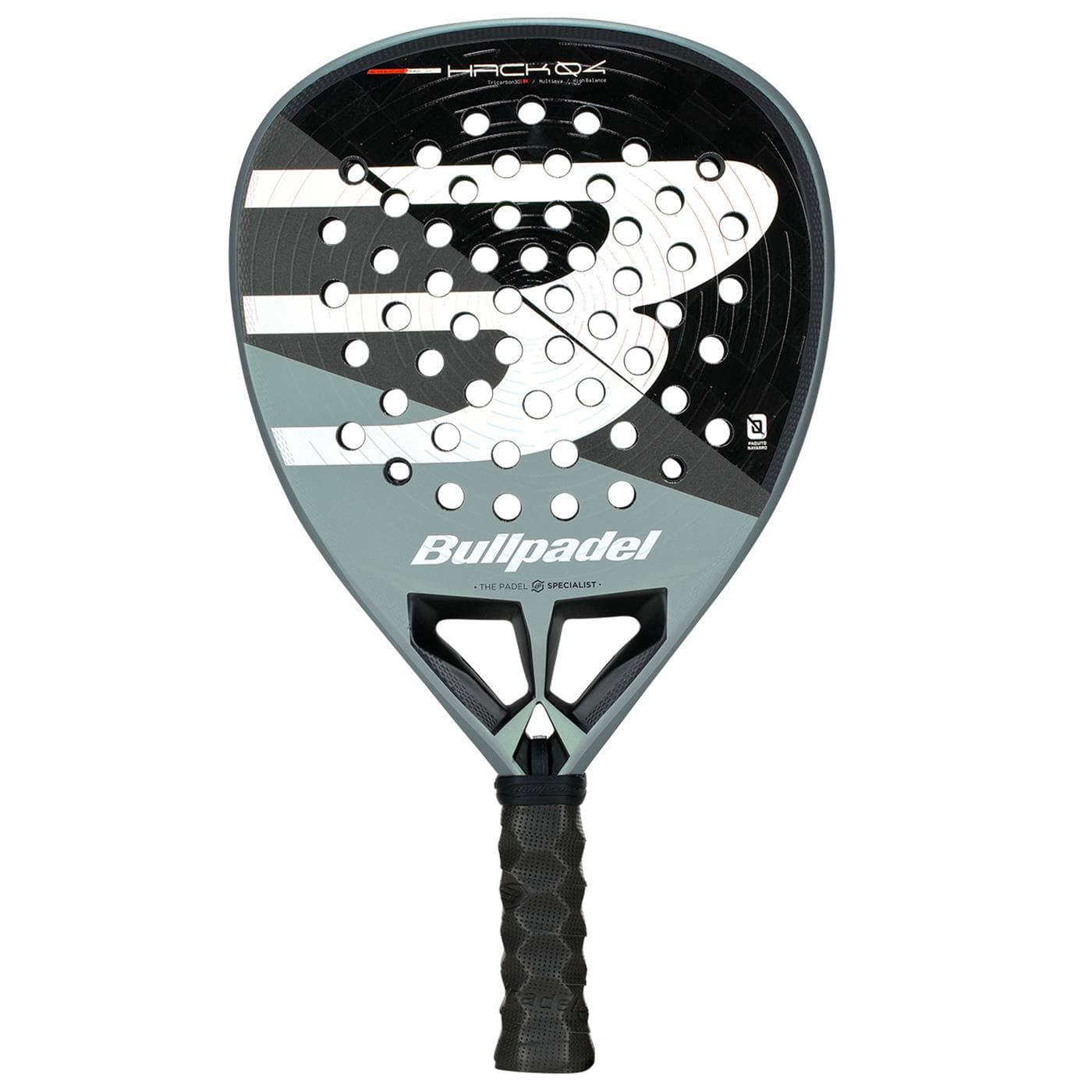 The Bullpadel HACK 04 2026 Padel Racket in black and grey features a perforated face, bold “B” graphic, and black grip handle, delivering dynamic power for every game.