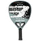 The Bullpadel HACK 04 2026 Padel Racket in black and grey features a perforated face, bold “B” graphic, and black grip handle, delivering dynamic power for every game.