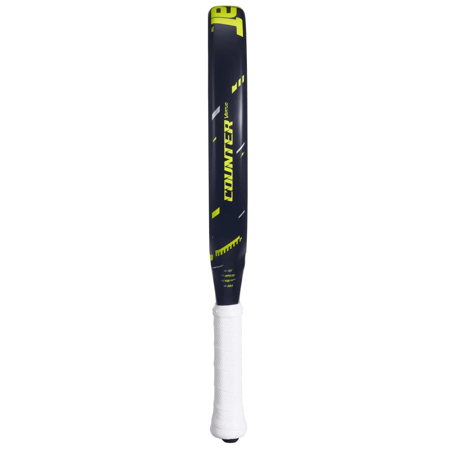 A black and yellow Babolat Counter Vertuo 2.5 padel racket is displayed vertically on a white background, featuring bold yellow accents and a sleek design inspired by professional standards.