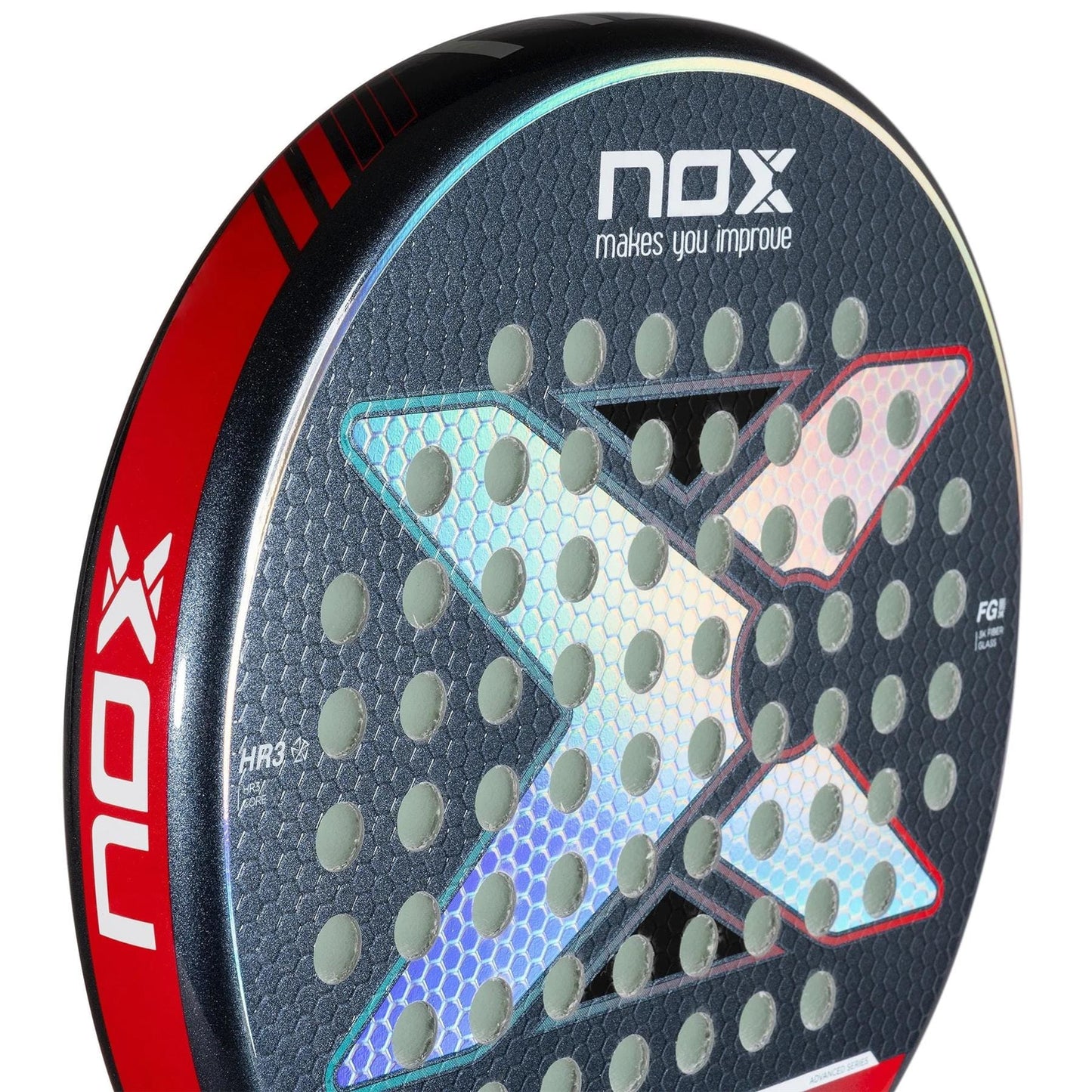 Close-up of the NOX Equation Light W Advance Series Padel Racket in blue/red, featuring a large iridescent "X" logo, circular perforations, and “makes you improve”—ideal for intermediate players—on a textured black and red surface.