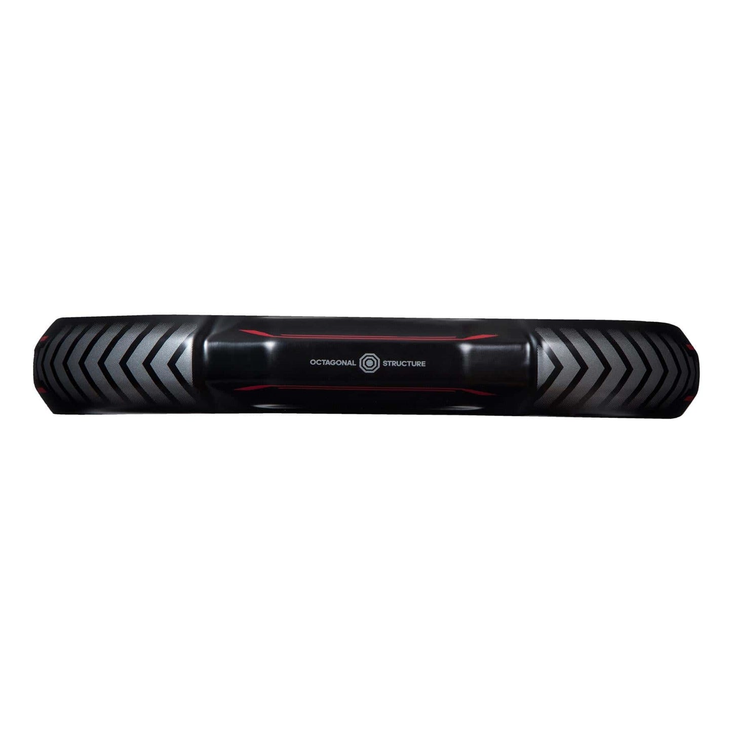 The product shown is a black octagonal tube design featuring diagonal patterns and red accents, labeled as the "Octagonal Power Structure." This piece of fitness equipment is tailored for advanced players and closely resembles the striking design of the ADIDAS Metalbone 3.3 Padel Racket by adidas.