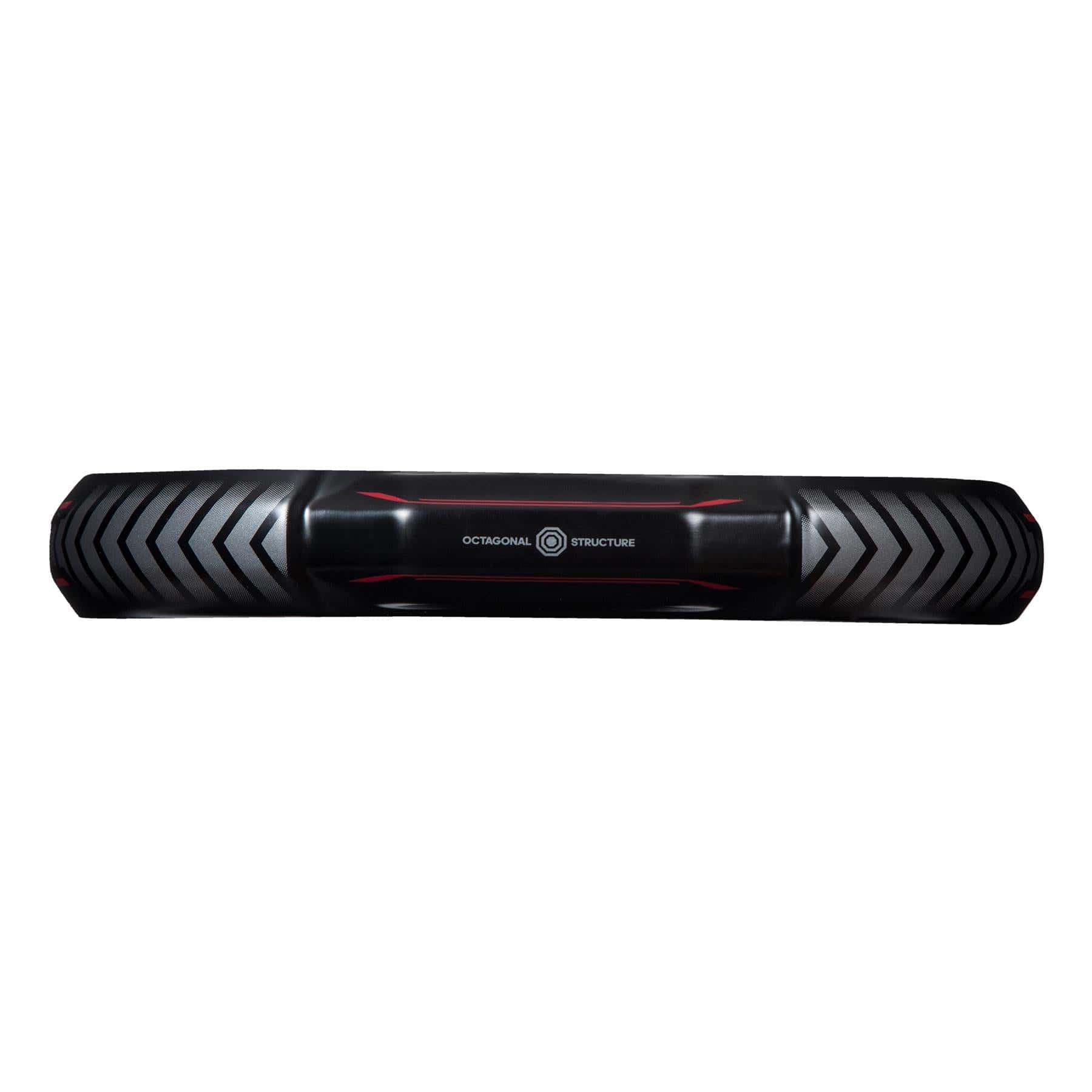 The product shown is a black octagonal tube design featuring diagonal patterns and red accents, labeled as the "Octagonal Power Structure." This piece of fitness equipment is tailored for advanced players and closely resembles the striking design of the ADIDAS Metalbone 3.3 Padel Racket by adidas.