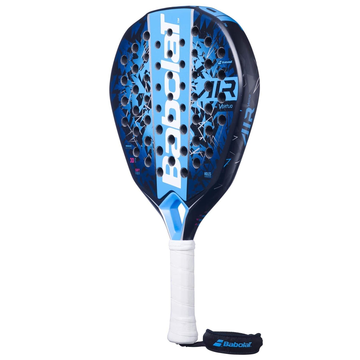 The Babolat Air Vertuo 2.5 Padel Racket - Blue features a white grip and wrist strap, bold Babolat branding, and multiple holes on its lightweight blue and black face.