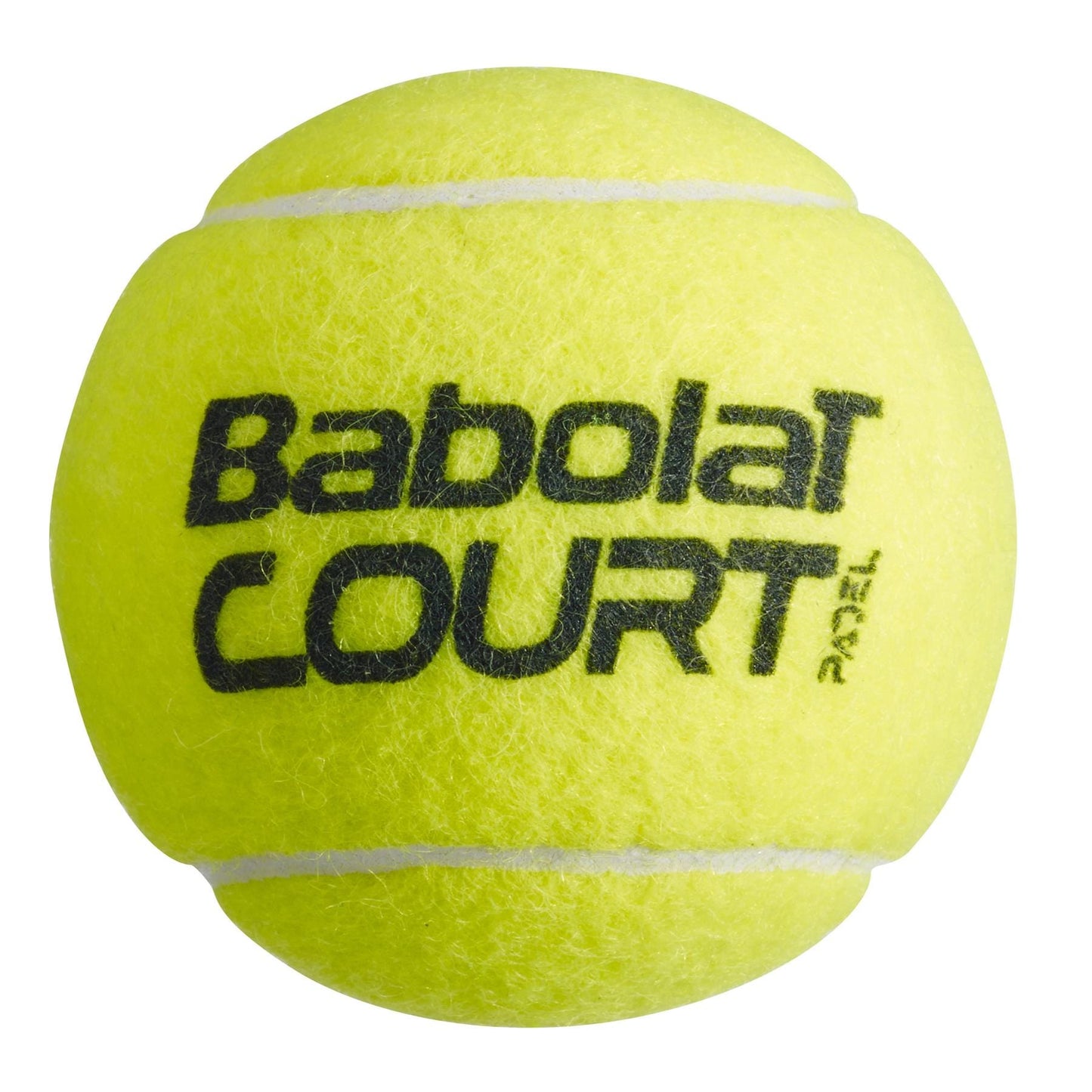 Babolat's Court X3 Padel Balls, sold in a tube containing three bright yellow balls, are endorsed by the International Padel Federation. They showcase bold black lettering and striking white seams. These balls have a fresh appearance and maintain the fluffy texture characteristic of newly manufactured padel balls.