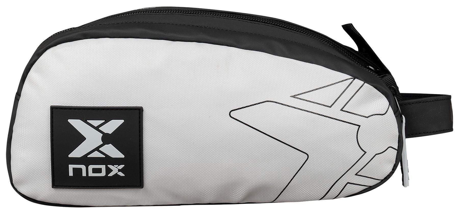 The NOX Luxury Travel Kit Bag - Black / Grey features the NOX logo and name on the front, an abstract side design, a zipper closure, and is ideal as a stylish multi-purpose organiser for essentials.