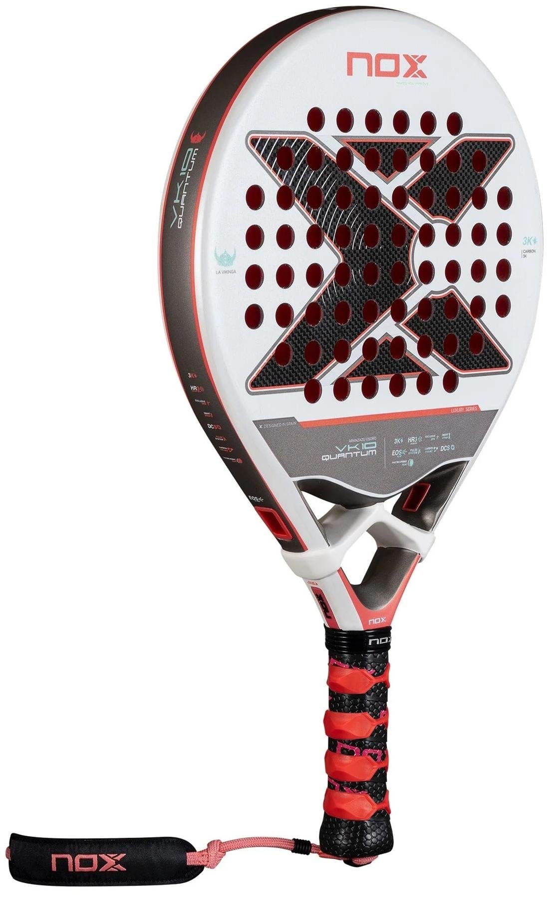 The NOX Luxury VK10 Quantum 3K By Aranzazu Osoro 2025 padel racket features a white and red design, black grip and wrist strap, large X motif, multiple face perforations, and advanced Photochromic Paint technology.